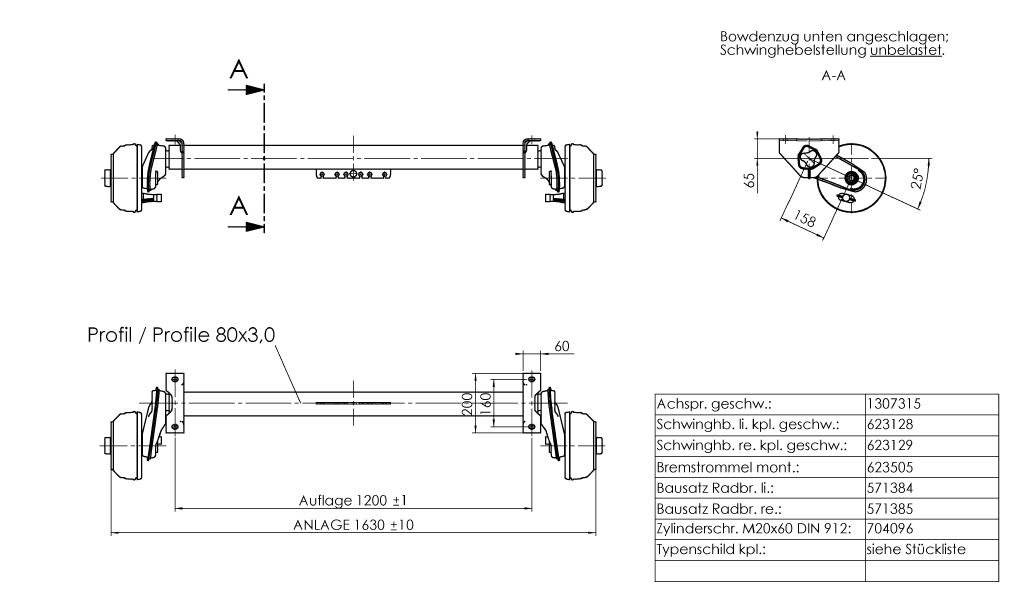Achse Alko 1000 kg a=1200 c=1630 4x100 ohne Flacheisen