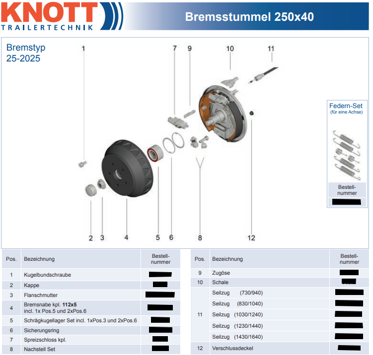 KNOTT - Bremsbackenset für Radbremse 250x40
