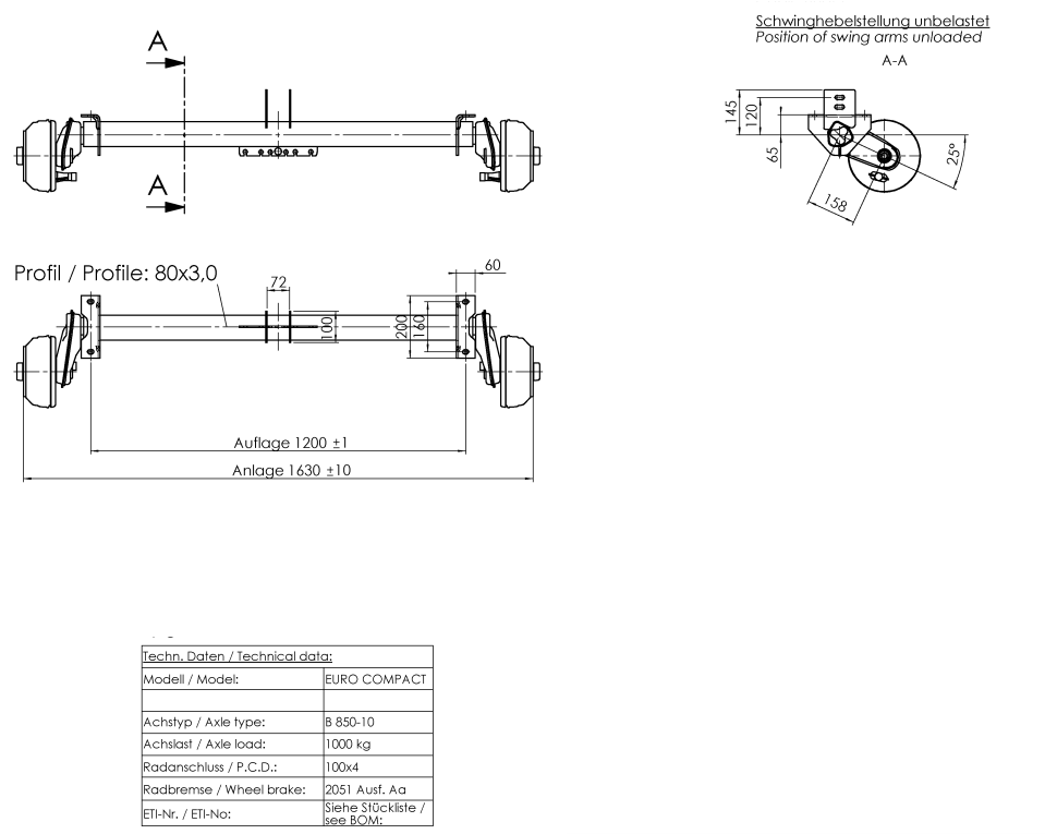 Achse Alko 1000 kg a=1200 c=1630 4x100 mit Flacheisen 72 mm