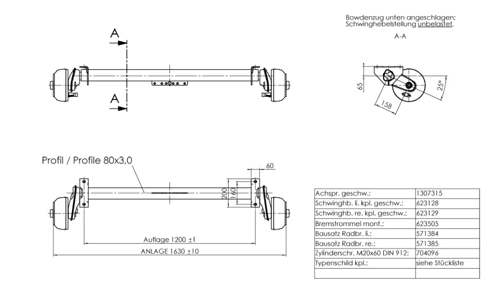 Achse Alko 1000 kg a=1200 c=1630 4x100 ohne Flacheisen
