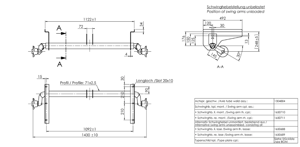 Achse ungebremst Alko 750 kg a=1092 c=1430 4x100 hoher Achsbock