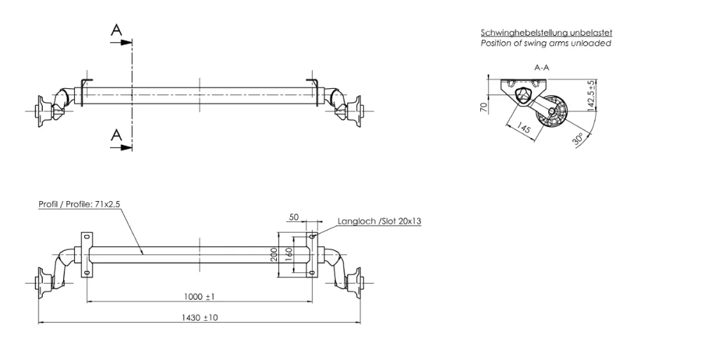 Achse ungebremst Alko 750 kg a=1000 c=1430 4x100 ohne Flacheisen