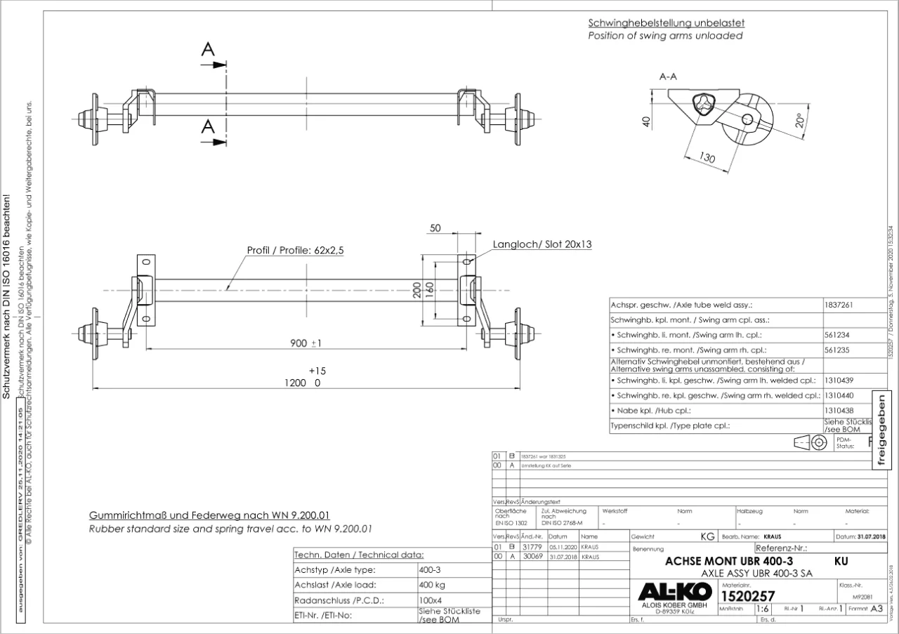 Achse ungebremst Alko 400kg a=900 c=1200 4x100 zu PA 140