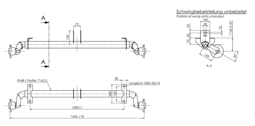 Achse ungebremst AlKo 750 kg a=1000 c=1430 4x100 mit Flacheisen 72 mm