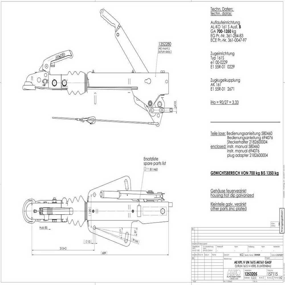 Auflaufeinrichtung V- 161S OE mit Gasfeder 700-1350kg