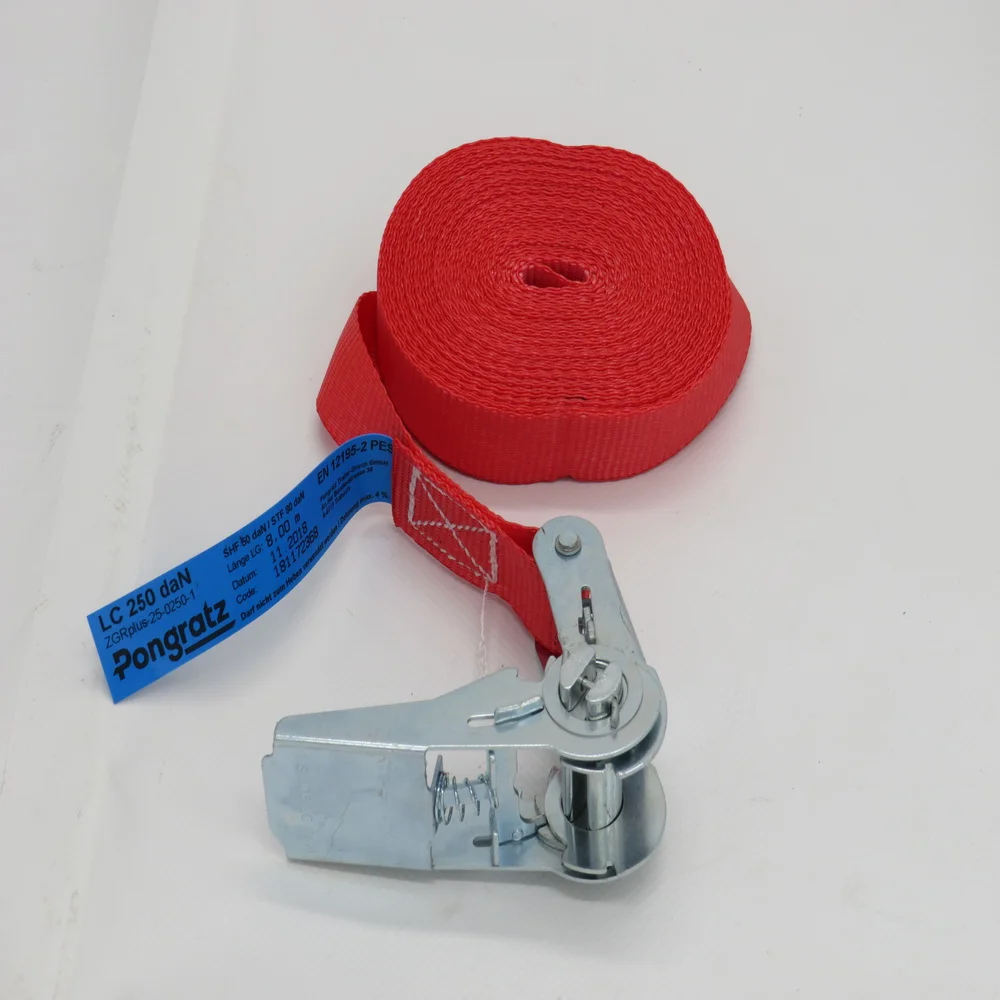 Spanngurt 8m mit Ratsche, rot und Pongratzaufdruck