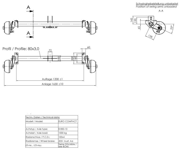 Achse Alko 1000 kg a=1200 c=1630 4x100 mit Flacheisen 72 mm