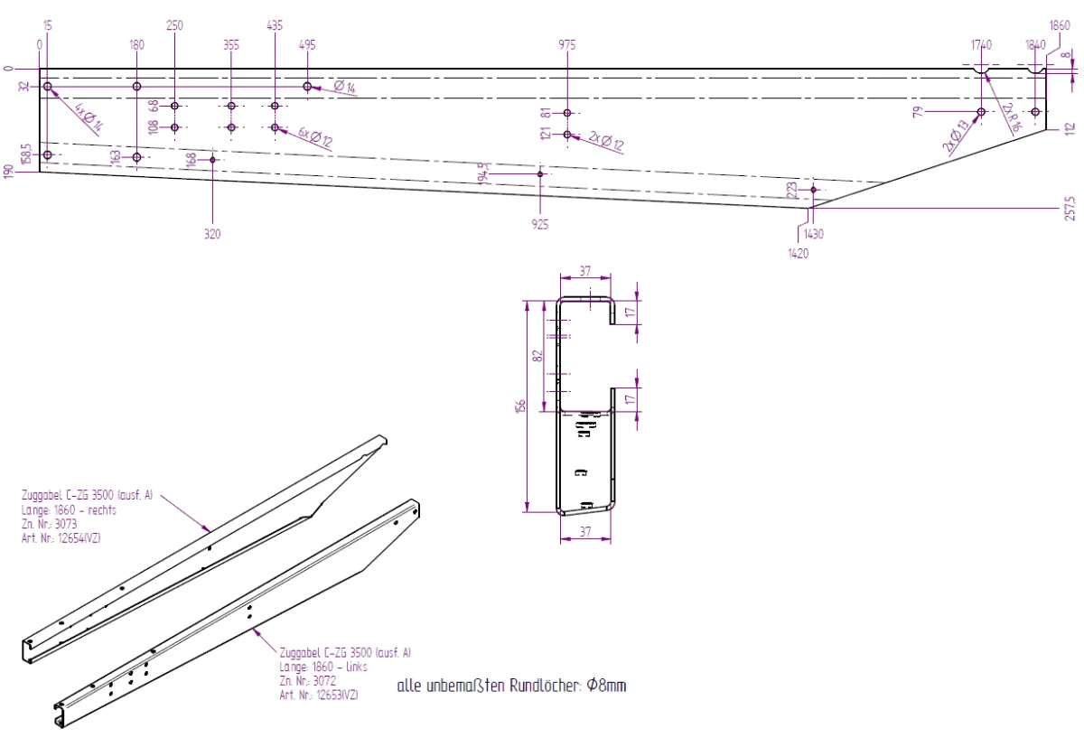 verz. Zuggabel links Ausf. A L=1860 mm EPA-LPA-KGT bis 3t C-ZG 3500