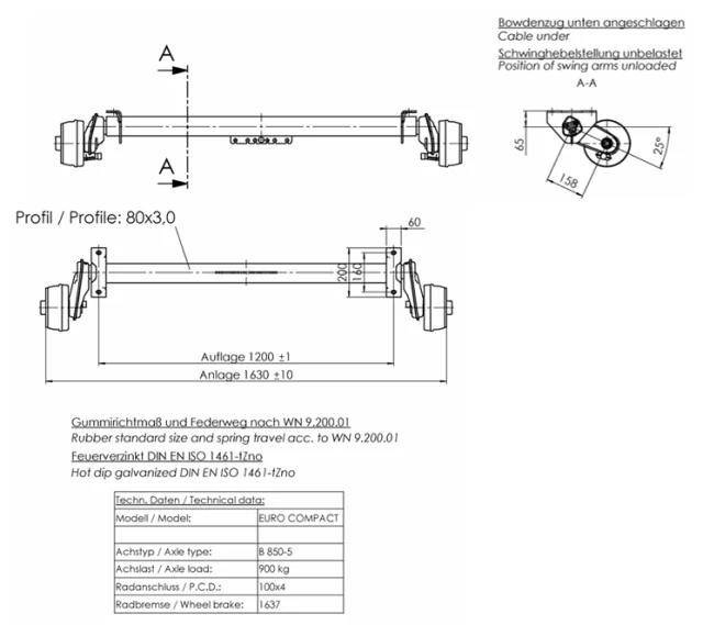 Achse Alko 900 kg a=1200 c=1630 4x100 ohne Flacheisen