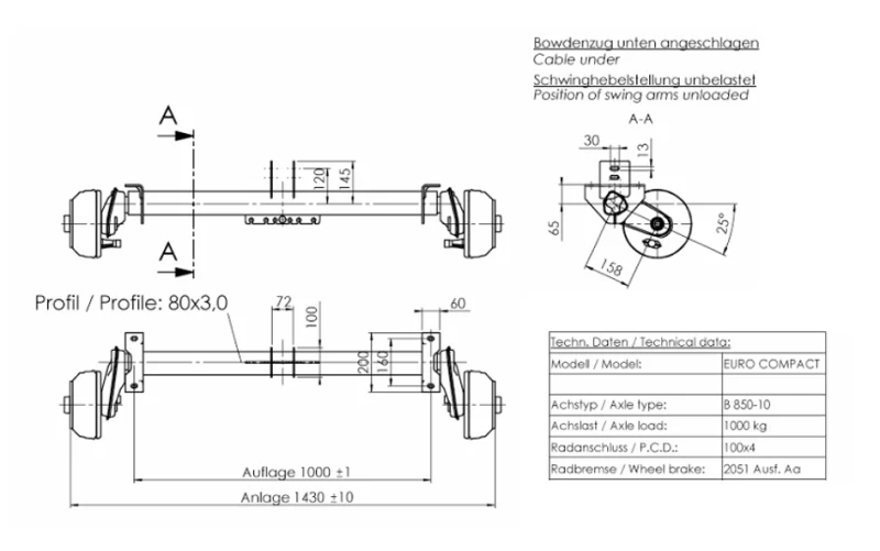 Achse AlKo 1000 kg a=1000 c=1430, 4x100 mit Flacheisen 72 mm